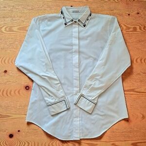 Foxcroft Women's White Blouse Sz 8 Floral Embroidery Details Cotton/Poly